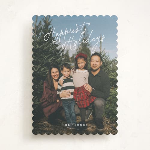 This is a snow holiday photo cards with standard by Angela Garrick called happy curly script printing on recycled smooth signature in standard