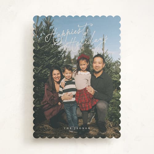 This is a plum pudding holiday photo cards with standard by Angela Garrick called happy curly script printing on recycled smooth signature in standard