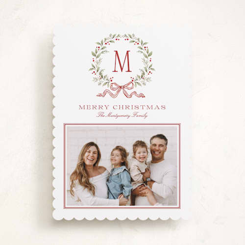 This is a cranberry holiday photo cards with standard by Wildfield Paper Co called holly berry monogram printing on recycled smooth signature in standard