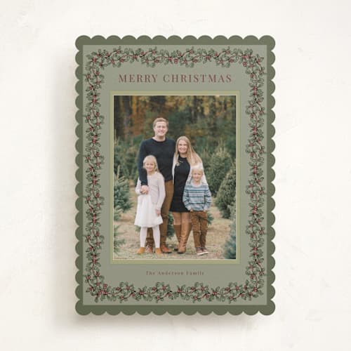 This is a olive holiday photo cards with standard by Cass Loh called winter berry frame printing on recycled smooth signature in standard