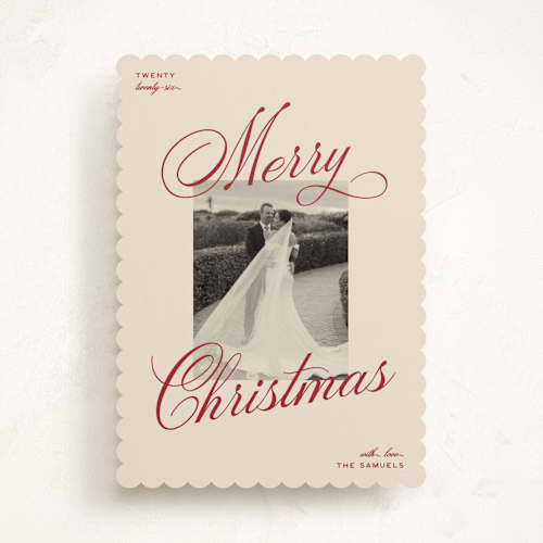 This is a burgundy holiday photo cards with standard by Ellen Schlegelmilch called vintage cinema printing on recycled smooth signature in standard