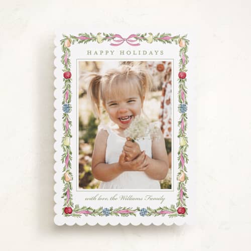 This is a sugar plum holiday photo cards with standard by Sarah Knight called sugared fruits printing on recycled smooth signature in standard
