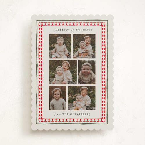 This is a candy cane holiday photo cards with standard by Jackie Crawford called holiday diamond border printing on recycled smooth signature in standard