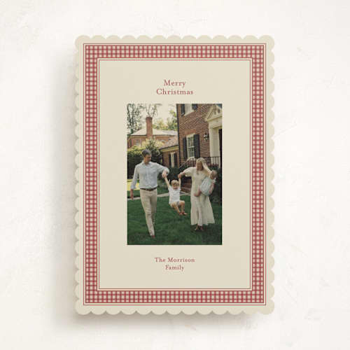 This is a cranberry holiday photo cards with standard by Ellen Schlegelmilch called gingham ribbon printing on recycled smooth signature in standard