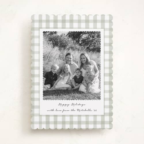 This is a spearmint holiday photo cards with standard by Emily Betts called scallop matted photo printing on recycled smooth signature in standard