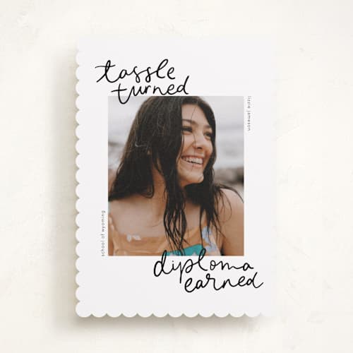 This is a noir graduation announcements with standard by Abbigail Lim called tassel turned, diploma earned printing on recycled smooth signature in standard