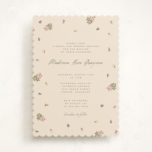 This is a vanilla baptism and christening announcements with standard by Jenna Holcomb called scattered petals printing on signature in standard