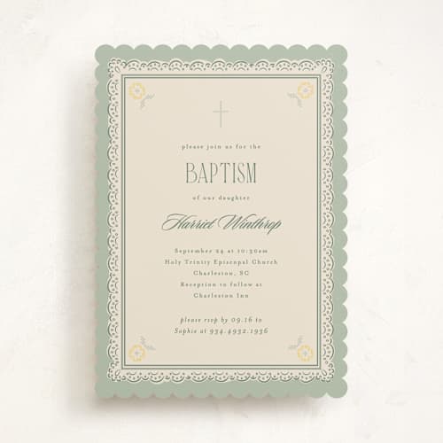 This is a eucalyptus baptism and christening announcements with standard by Corinne Malesic called country nostalgia printing on signature in standard