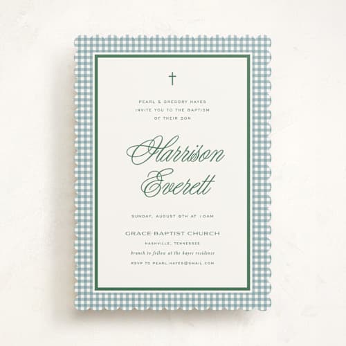 This is a pond baptism and christening announcements with standard by Kelly Watkins called mini gingham printing on signature in standard