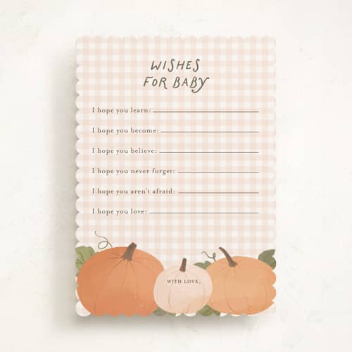 This is a pumpkin baby shower game activity cards with standard by Paper Raven Co. called pumpkin patch printing on signature in standard