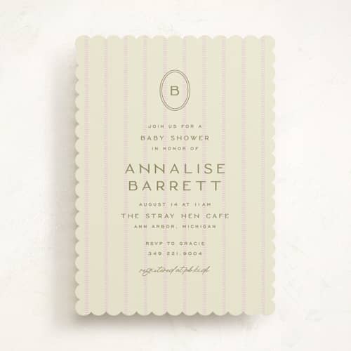 This is a blush baby shower invitations with standard by Ellen Schlegelmilch called stitched lines printing on signature in standard