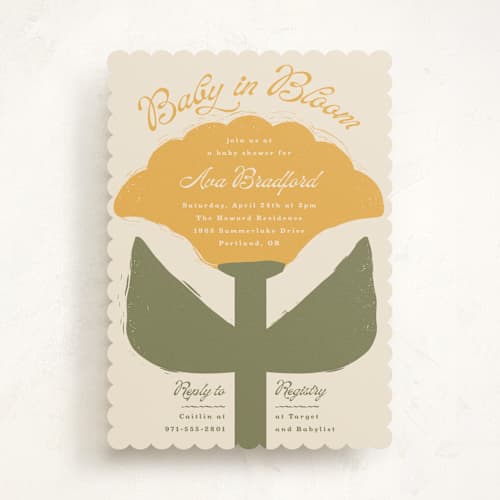 This is a marigold baby shower invitations with standard by Lisa McLean called tulip printing on signature in standard