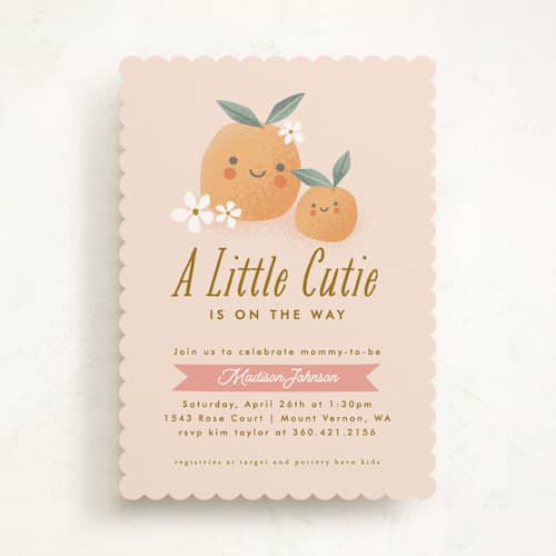 This is a peach baby shower invitations with standard by Karidy Walker called little cutie oranges printing on signature in standard