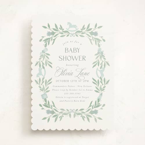 This is a celeste baby shower invitations with standard by Melinda Denison called baby shower wreath printing on signature in standard