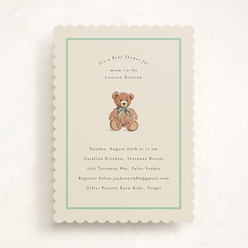 This is a sage baby shower invitations with standard by Becky Nimoy called antique teddy bear printing on signature in standard
