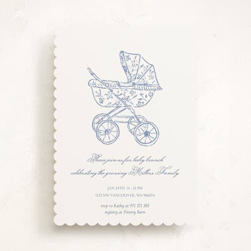 This is a navy baby shower invitations with standard by Huefete called baby pram printing on signature in standard