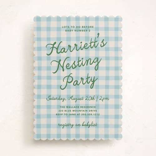 This is a bluebird baby shower invitations with standard by Kelly Watkins called a nesting party printing on signature in standard