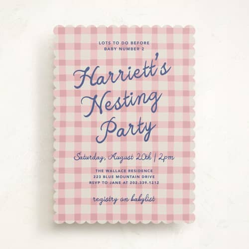 This is a bubblegum baby shower invitations with standard by Kelly Watkins called a nesting party printing on signature in standard