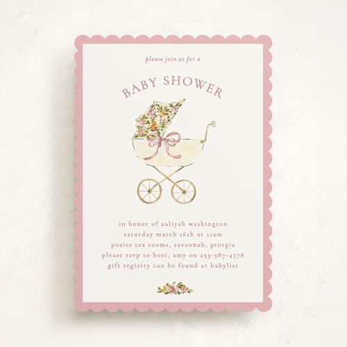This is a rose baby shower invitations with standard by Sarah Knight called pram printing on signature in standard