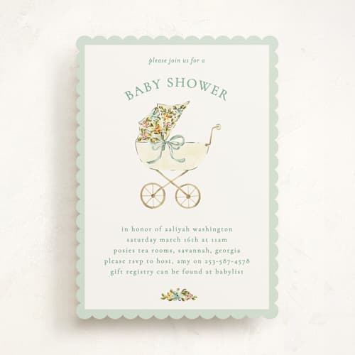 This is a sage baby shower invitations with standard by Sarah Knight called pram printing on signature in standard