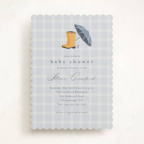 This is a raindrop baby shower invitations with standard by Stacey Meacham called baby wellies printing on signature in standard