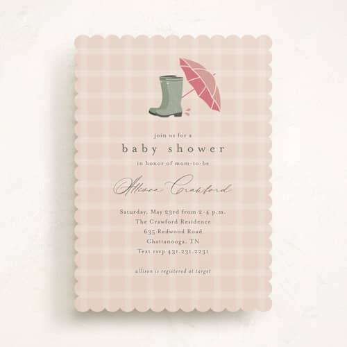 This is a peony baby shower invitations with standard by Stacey Meacham called baby wellies printing on signature in standard