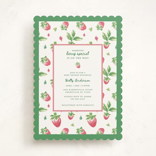 This is a strawberry baby shower invitations with standard by Holton Art and Design called someone berry special printing on signature in standard