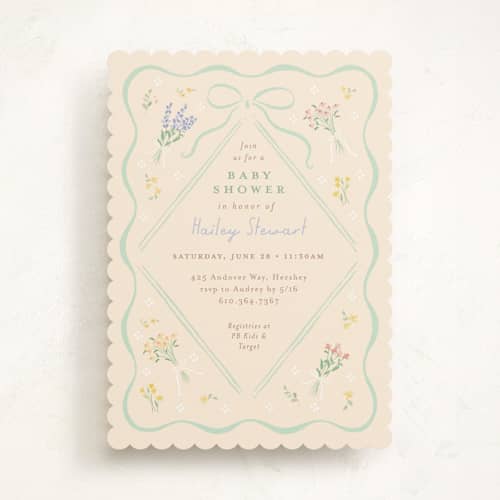 This is a seafoam baby shower invitations with standard by Jennifer Wick called petite corners printing on signature in standard