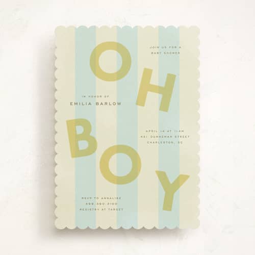 This is a baby blue baby shower invitations with standard by Ellen Schlegelmilch called oh boy printing on signature in standard