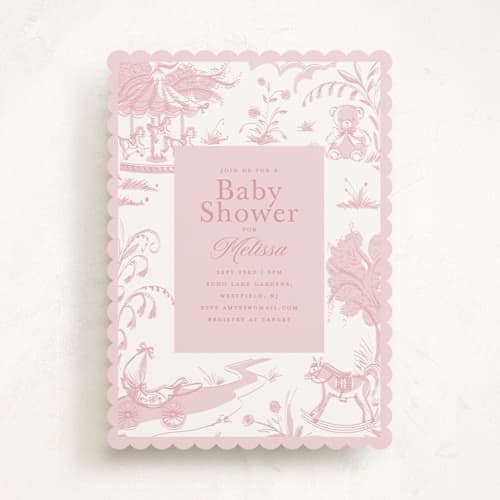 This is a blush baby shower invitations with standard by Teju Reval called baby toile printing on signature in standard