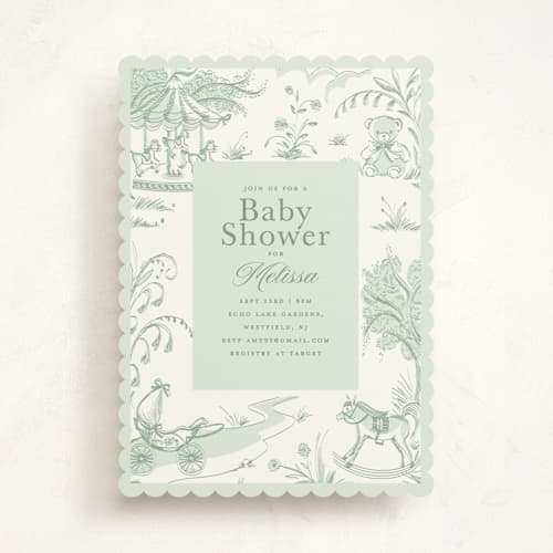 This is a forest baby shower invitations with standard by Teju Reval called baby toile printing on signature in standard