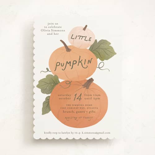 This is a pumpkin baby shower invitations with standard by Paper Raven Co. called pumpkin patch printing on signature in standard