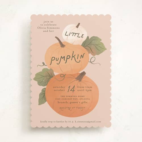 This is a cinnamon baby shower invitations with standard by Paper Raven Co. called pumpkin patch printing on signature in standard