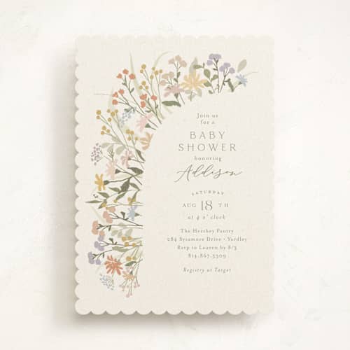 This is a vanilla baby shower invitations with standard by Jennifer Wick called meadow flowers printing on signature in standard