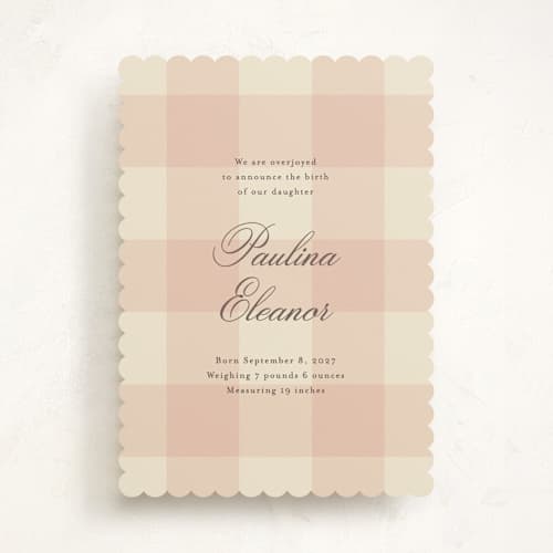 This is a blush birth announcements with standard by Ellen Schlegelmilch called sweet gingham printing on signature in standard