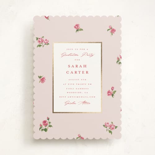 This is a blush graduation invitations with foil pressed by Teju Reval called romantic roses printing on signature in standard