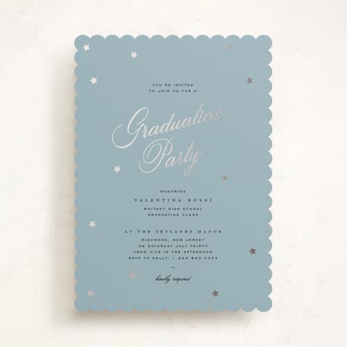 This is a sky graduation invitations with foil pressed by Blustery August called sparkly printing on signature in standard