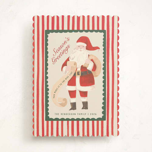 This is a candy cane non photo holiday cards with standard by Teju Reval called greetings from santa printing on signature in standard
