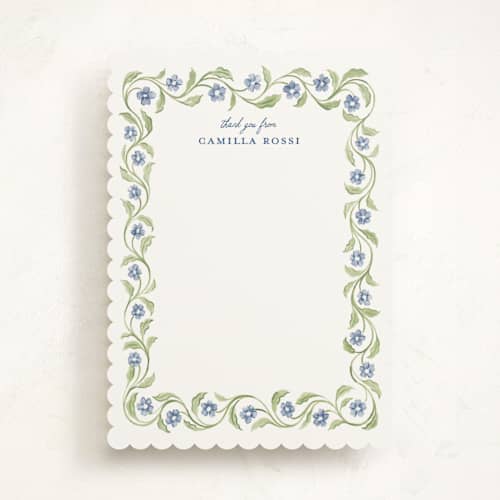 This is a cornflower personalized stationery thank you cards with standard by Sarah Knight called camilla printing on signature in 5x7