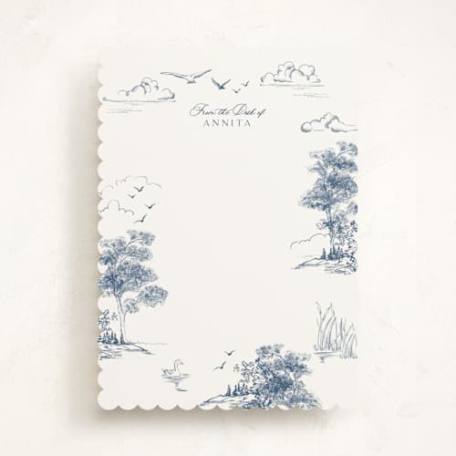 This is a lake personalized stationery thank you cards with standard by Lucrecia Caporale called lake side toile printing on signature in 5x7