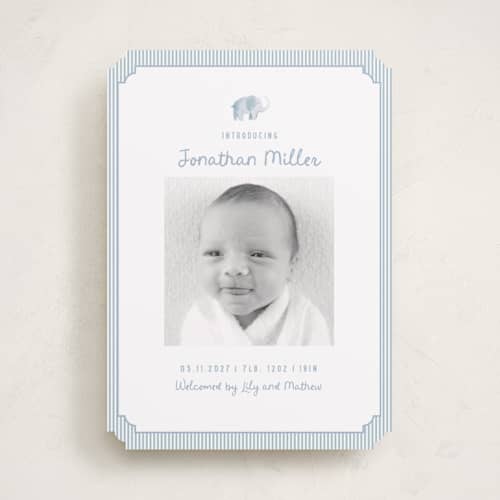 This is a sky birth announcements with standard by Teju Reval called sweet elephant printing on recycled smooth signature in standard