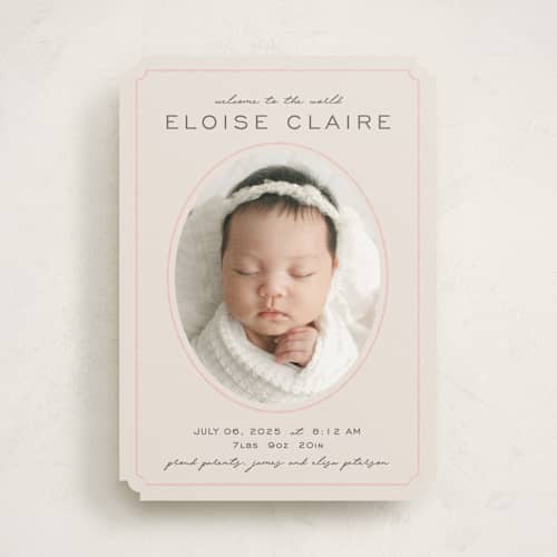 This is a petal birth announcements with standard by Melissa Egan of Pistols called prim printing on recycled smooth signature in standard
