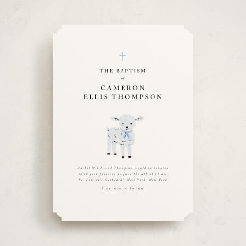 This is a sky baptism and christening announcements with standard by mo kelley called little lamb printing on signature in standard