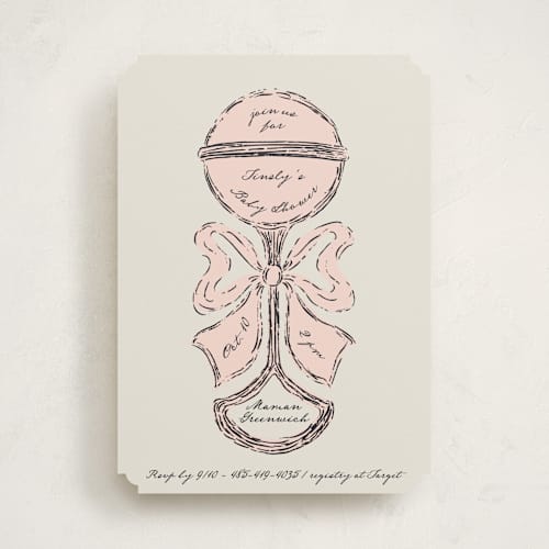 This is a rose baby shower invitations with standard by Gwen Bedat called antique rattle printing on signature in standard