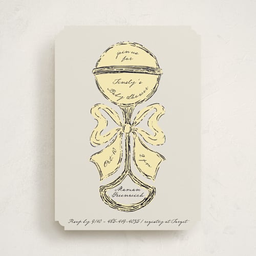 This is a honey baby shower invitations with standard by Gwen Bedat called antique rattle printing on signature in standard