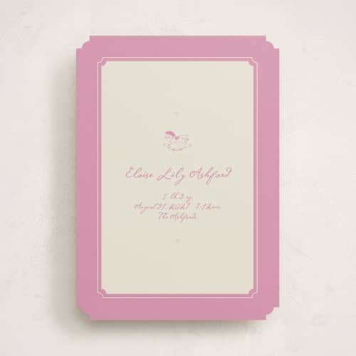 This is a petal birth announcements with standard by Jen Ramsey called baby rocking horse printing on signature in standard