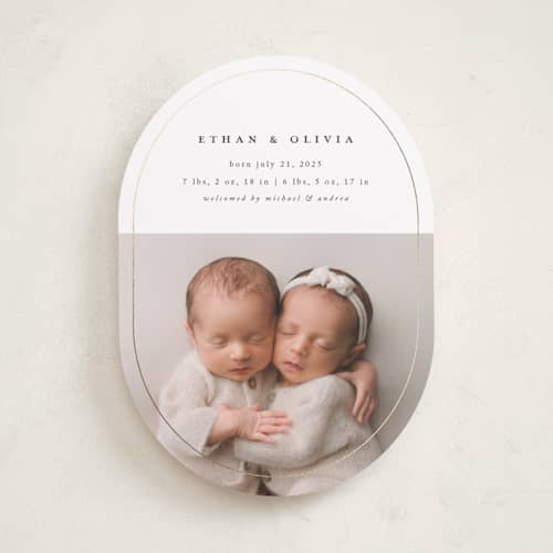 This is a cotton foil stamped birth announcements with foil pressed by Stacy Maalouf called oval announcement printing on recycled smooth signature in standard