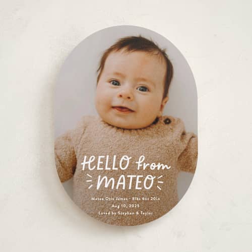This is a cloud birth announcements with standard by Jackie Crawford called fun hello printing on recycled smooth signature in standard