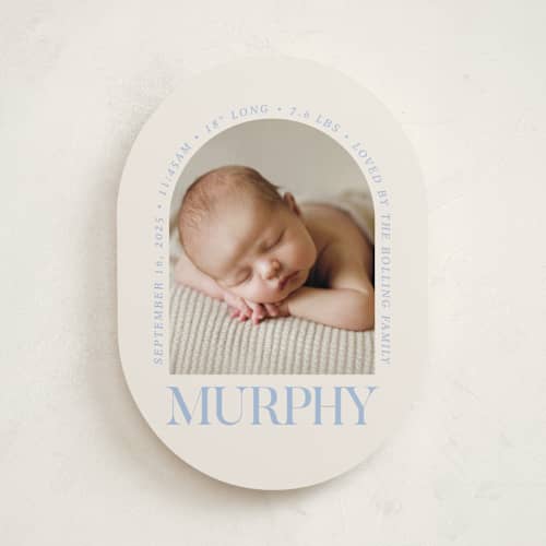 This is a bluebird day birth announcements with standard by Baumbirdy called type arch printing on recycled smooth signature in standard