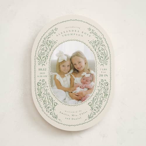 This is a sage birth announcements with standard by Anastasia Makarova called bunnies and flowers printing on recycled smooth signature in standard